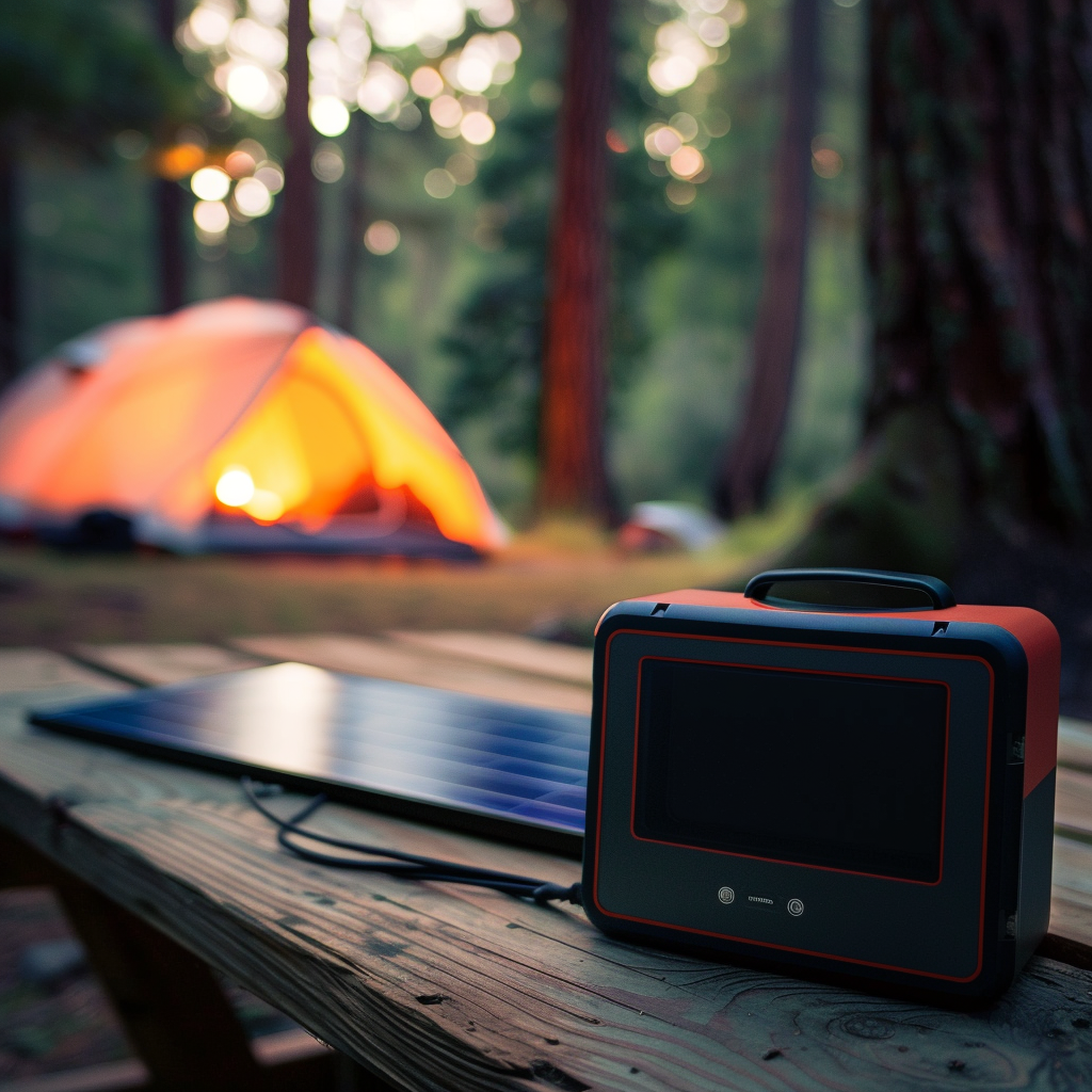 Small powerbank and solar panel on picnic table